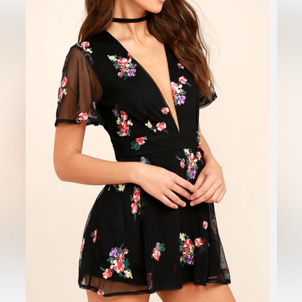Lulus Picking Wildflowers Black Embroidered Romper